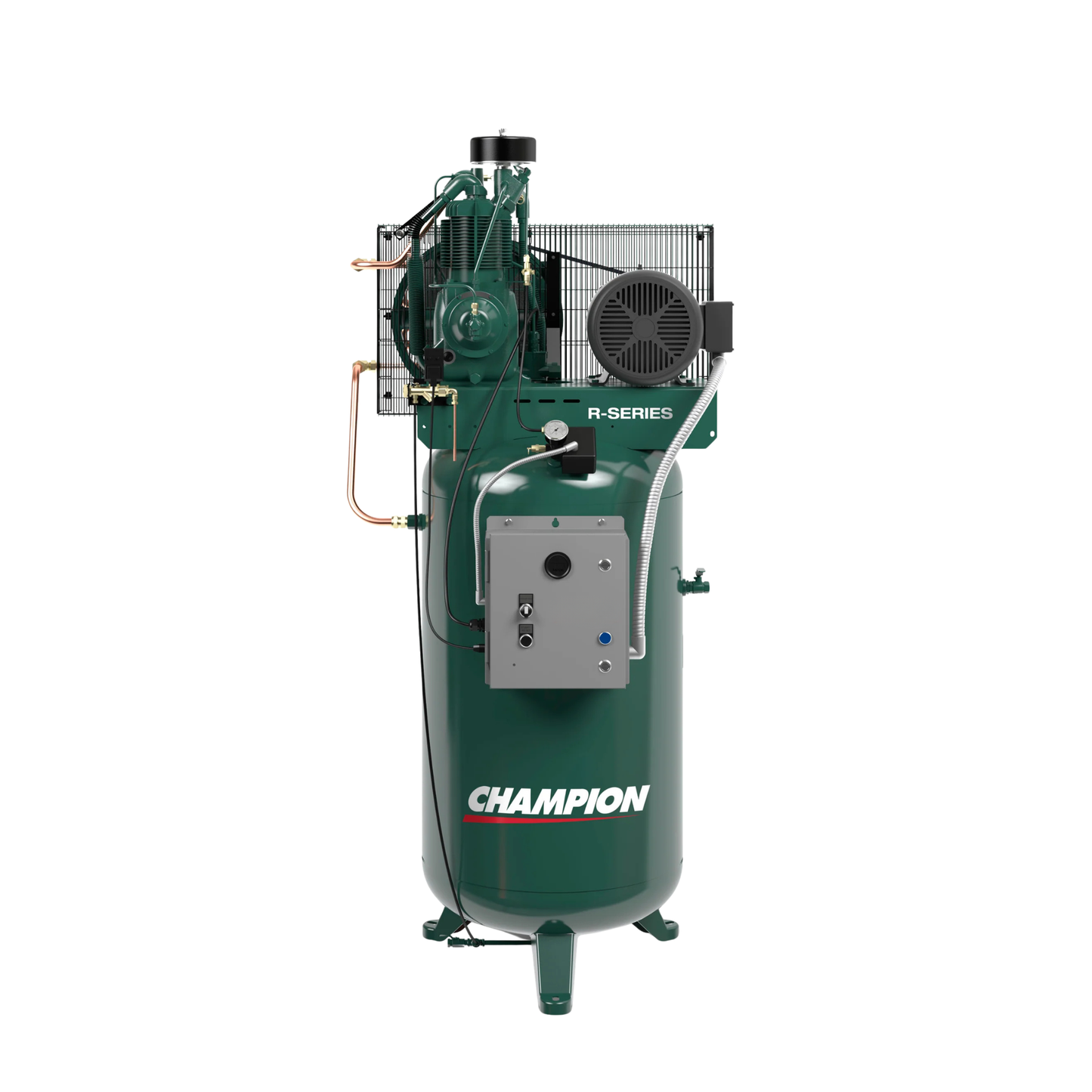 Champion R-Series VR5-8 reciprocating air compressor with 80-gallon tank and single-phase power, designed for industrial air supply.