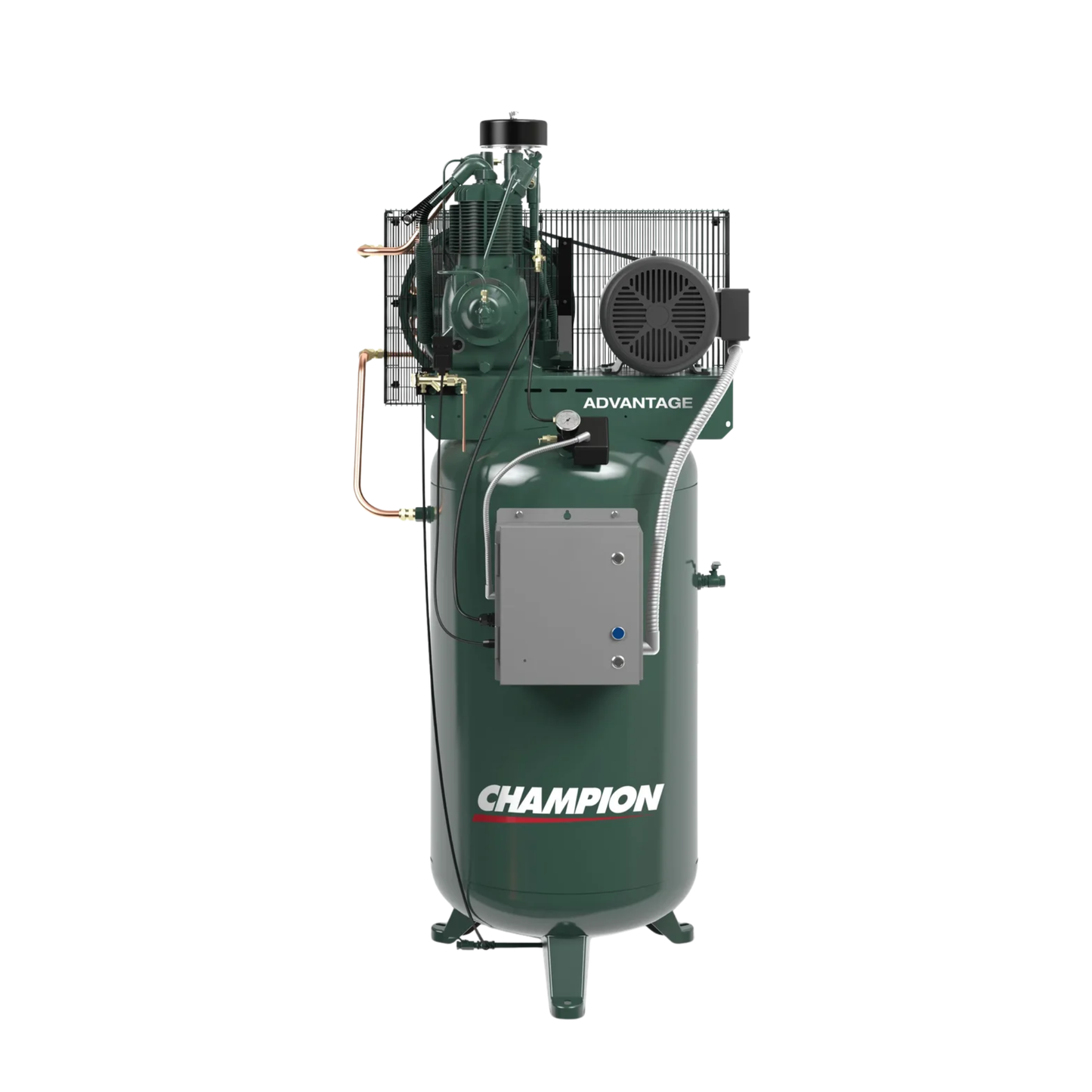 Champion VR7F-8 Reciprocating Air Compressor with 80-gallon tank, single-phase, industrial-grade, suitable for heavy-duty applications.
