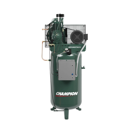 Champion VR7F-8 Reciprocating Air Compressor with 80-gallon tank, single-phase, industrial-grade, suitable for heavy-duty applications.