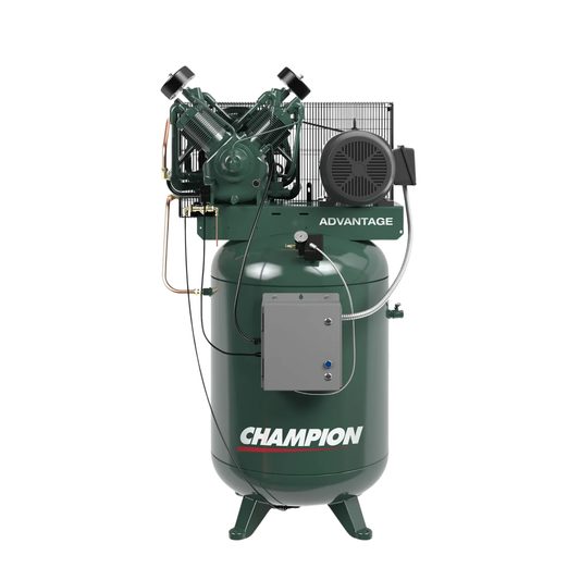 Champion Advantage Series VR10-12 Reciprocating Air Compressor with 120-gallon tank and three-phase power system.