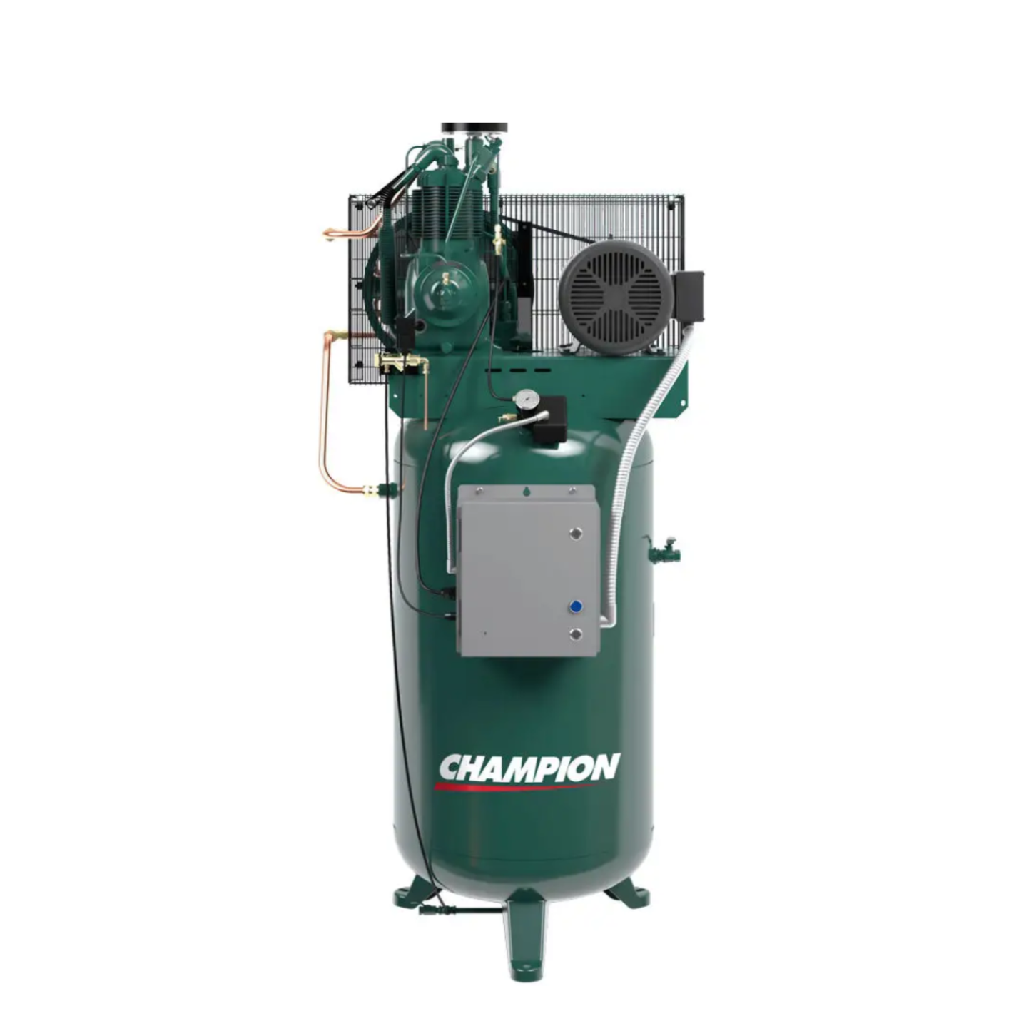 Champion R-Series VR7F-8 reciprocating air compressor with 80-gallon tank and single-phase power, detailed view of compressor components.