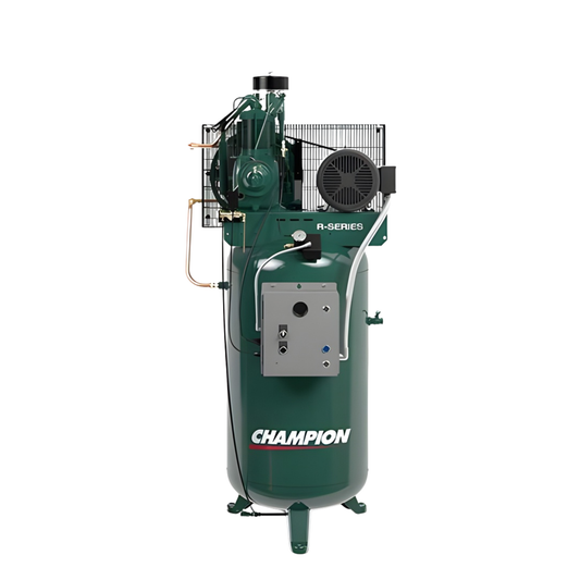 Champion R-Series VR-10-8 air compressor with 80-gallon tank, single-phase, featuring dual pressure gauges and industrial-grade components.