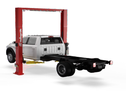 Challenger 12,000 pound 2-post lift hoisting a dually truck